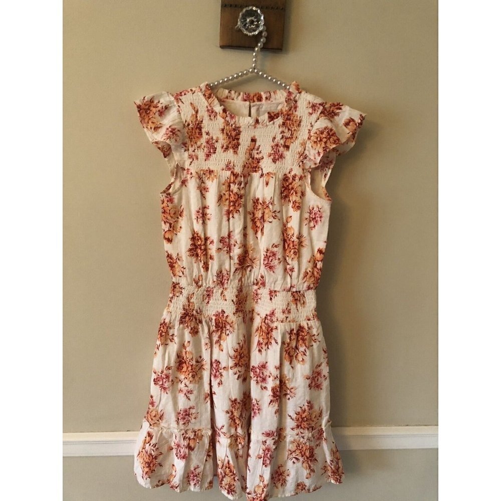 LOFT Womens Size XS White Orange Floral Smocked Dress Ruffles Cap Sleeve